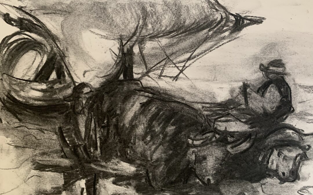 A charcoal transcription, rubbing out several times ,of Sorolla’s ‘ The return from fishing’..a lovely painting. I thought this was a very interesting exercise and really enjoyed it. I definitely saw different things the more I did  it and tried to keep an energy with the mark making!