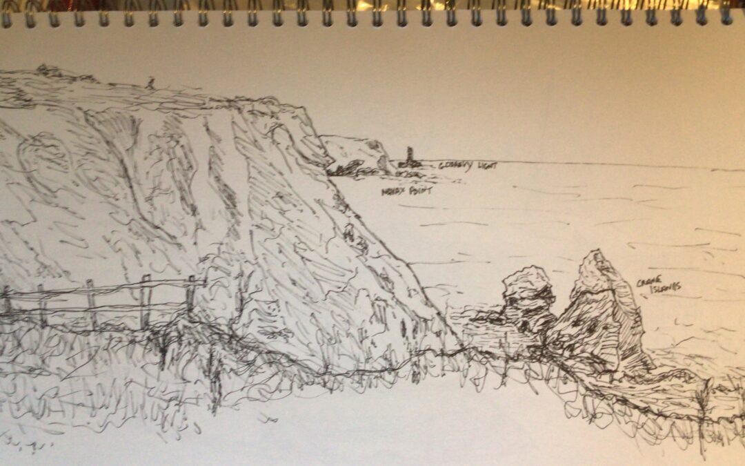 Here is an ink sketch of the Cornish coast at Hells Mouth, a favourite place for me, when in Cornwall.
I couldn’t complete the sketch because clouds and rain approached rapidly, and in 10 minutes, I couldn’t see a thing.
From this sketch, I created an oil painting back in my studio, using memories and knowledge of the coastline. See next post.