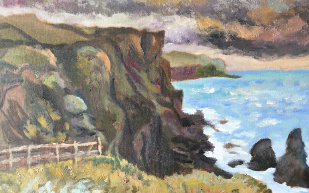 (See my last post) Here is the oil painting, showing the angry sky fast approaching. It was amazing how quickly the sea colour changed, from almost tropical colours to a dark and dull colour, before the mist obscured it all.
I’m so loving these rocky coastlines in Cornwall.