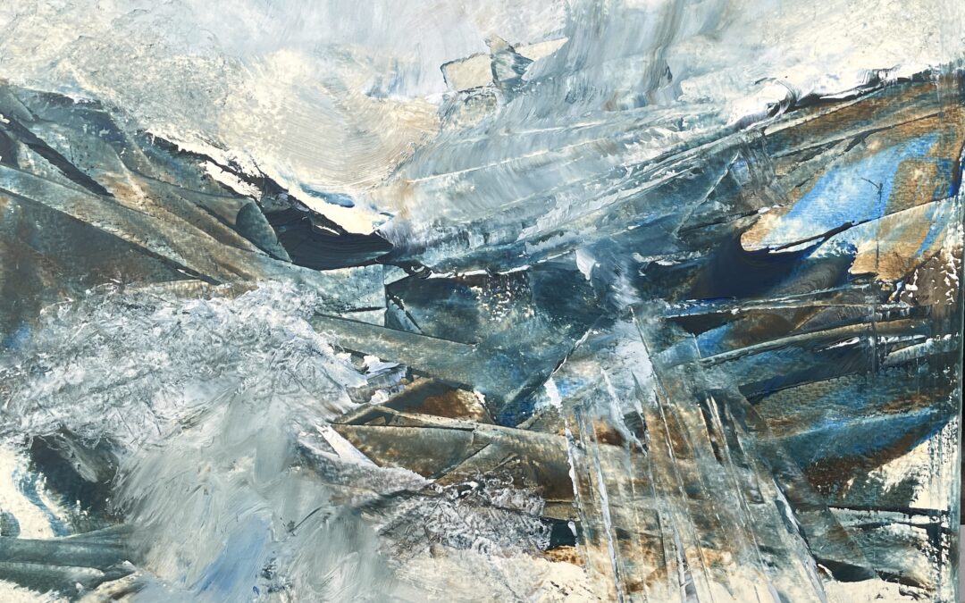 I paint and sketch the same view over and over again. I’m slowly figuring out how to move from depiction to abstraction. Here, with two colours (sienna and phthalo blue) and white. I’m making the oil paint smooth with egg yolk because I don’t want to use solvents. What do you think: Not enough contrast? The mountains shouldn’t be the same height? Where is the focal point? I look forward to your comments!