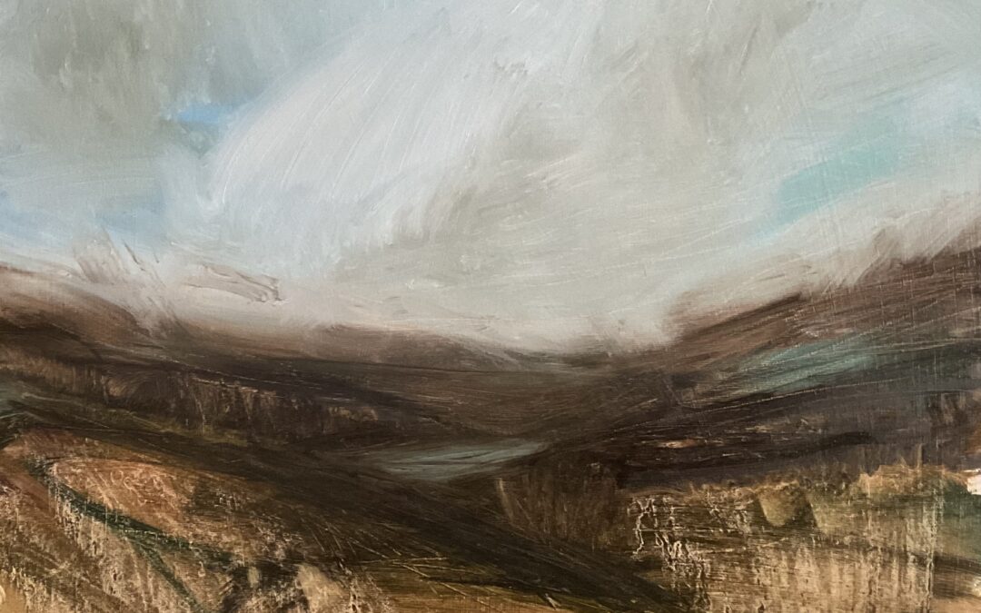 I haven’t done any assignments as yet, but this is one I painted at the end of our stupidly hot dry summer just  after the forest fire escaped onto the cropped fields. Too close to home to be comfortable…..this  was my response to walking through that burned landscape.  I ‘watered’ down the oil paint with a lot of linseed oil & turpentine.