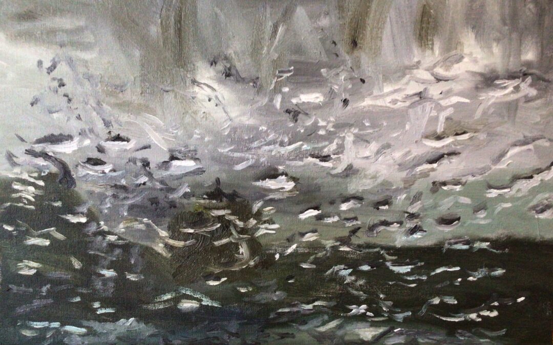 See my last two posts. – This is the view ten minutes after I finished my sketch of Hells mouth, on the North Cornish coast.
Yes, it’s the view from the drivers seat of the car, looking into the heavy rain that decended on the subject.
Everything was now obscured by the water running down the windscreen, and all colours had disappeared. 
(A friend once painted from inside a greenhouse in Ireland in the pouring rain, and won top prize. )
The patterns are fleeting, changing all the time, which gives good scope for abstract artists.