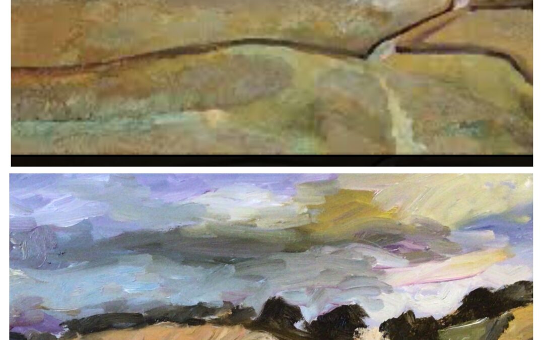 Here is a Cumberland landscape painting by Winifred Nicholson. And below is my interpretation of her painting.
I love to paint landscapes in oils so I worked quickly with this one to capture it’s essence.
On reflection, she has a more subtle colour palette and softer edges perhaps. Enjoy!