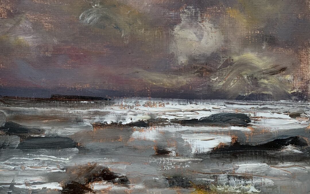 Here’s an oil sketch of one of my favourite Winifred Nicholson paintings (‘Isle of Canna’).  I have attempted to capture the vibrant palette of her original work  – I was also interested to see how the violet and yellow ochre combination worked, it seems full of possibilities!