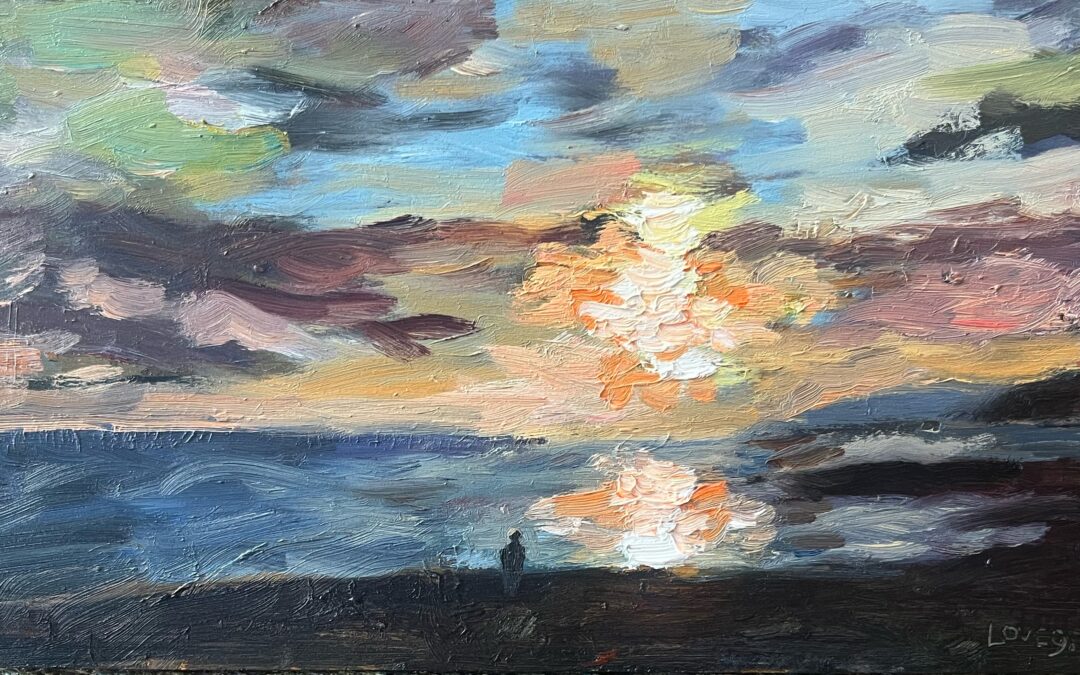 Here i was trying a sunset from my imagination and memory, I used to paint sunsets in real time in oils, starting 1/2 hour before and putting in the clouds and other marks, by estimating how dark it might get,  then working furiously for another 1/2 hour or more, in the dark from memory of what just happened. So exciting and useful to do.
This one however, was from my imagination.
