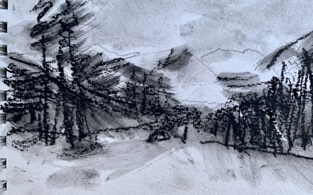 I made a quick charcoal sketch, then spread the material with a damp sponge to achieve expressive marks.