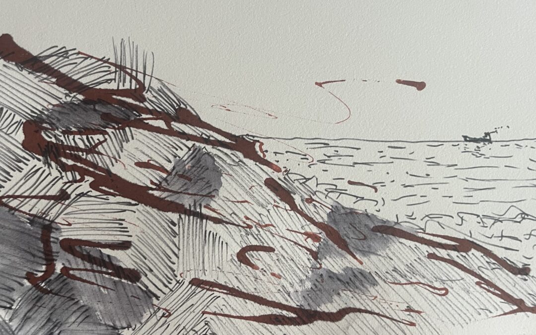 Today’s sketch on a rainy windswept morning, is an imaginary rocky coastline in inks.
First I drew some thick brown ink marks, almost blotted on in an abstract manner. When dry, I looked at the marks and with a thinner ink pen, I imagined a rocky coastline and distant sea, and explored cross hatching, almost like Eric Ravillious.
