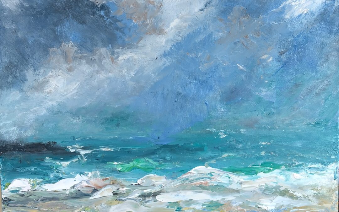 Oil painting,  painted from my sketch off the sea using big brushes and heaps of paint and worked quickly . It was exhilarating and exhausting using the right
brain at one stage .
Thank  you Louise for sharing this method
of applying paint I am grateful to you.
