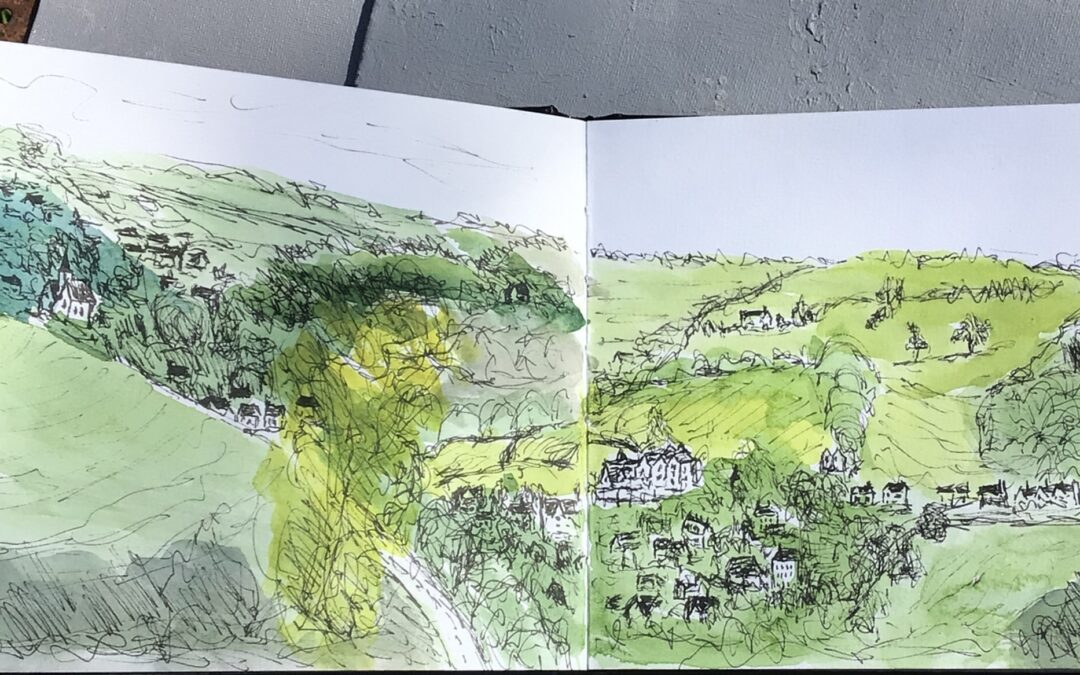 Here is the ink and watercolour sketch mentioned in my last post.
It’s the view from Rodborough hill. I will attempt to paint this again in oils, from memory rather than copying.