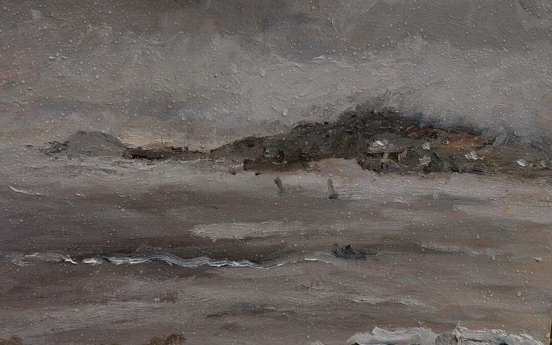 Oil painting on panel very limited palette the weather here at the moment is drizzle and mist very little colour,  interesting to work with.