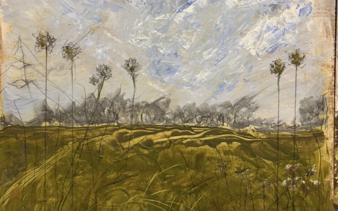 Enjoyed using greens here, acrylics and graphite and looking upfield